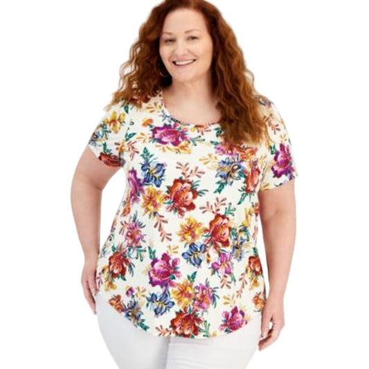 JM Collection Women's Plus Size Garden Statement Scoop-Neck Top in Natural Tan