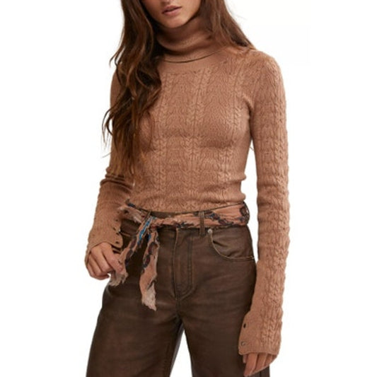 Free People Women's "Maddie" Cable-Knit Turtleneck Sweater in Cafe Latte Brown