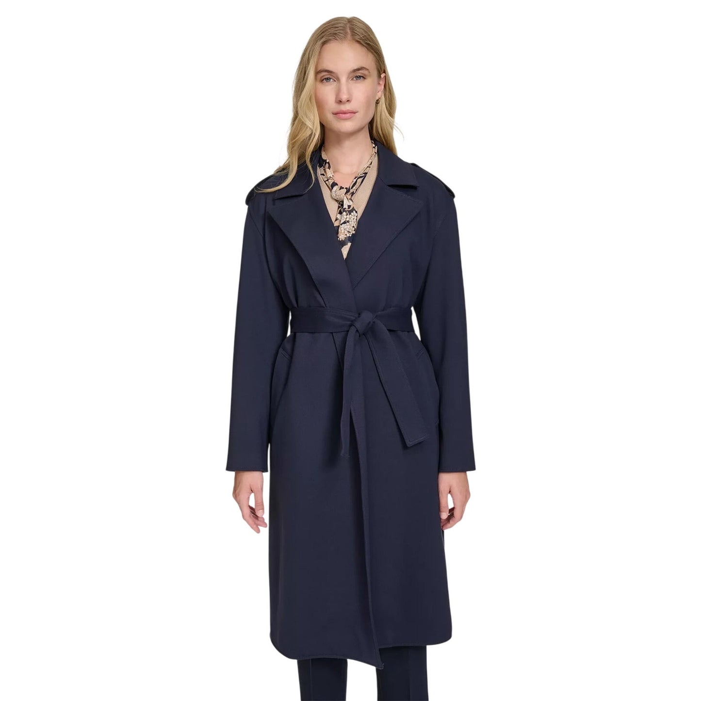 Tommy Hilfiger Women's Ponte Belted Long-Sleeve Trench Coat in Navy Blue