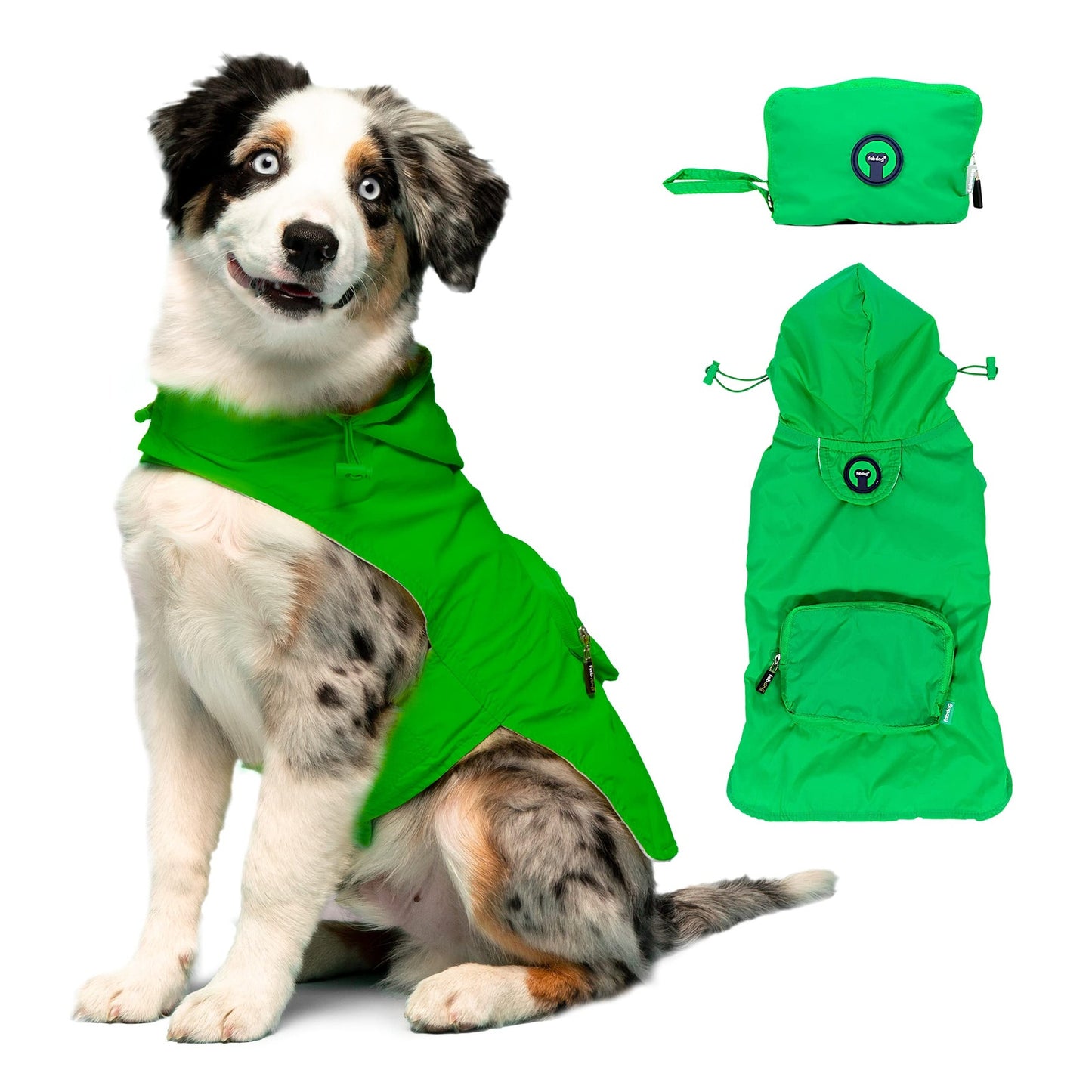 FabDog Bright Green Packable Pet Raincoat Jacket w/ Hood for Cat or Dog