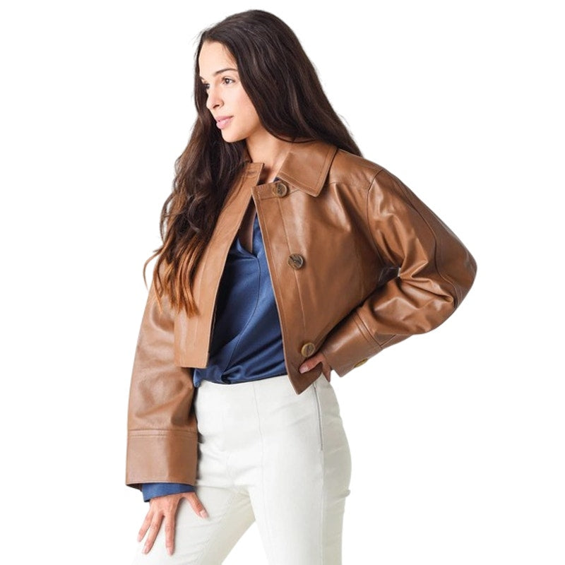 VINCE Women's Cropped Leather Jacket in Caramel Brown, Size Small