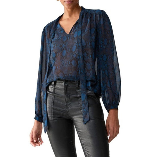 Sanctuary Women's Camera Pose Tie-Neck Blouse Black Blue