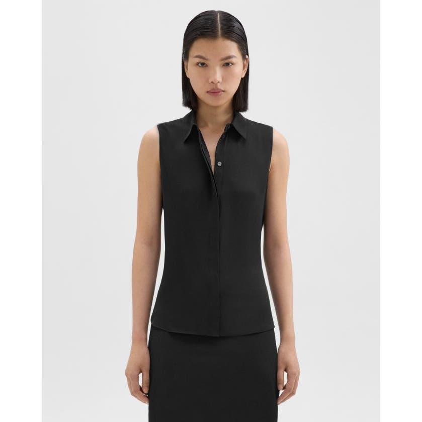 Theory Fitted Sleeveless Shirt in Silk Georgette Black, Size Large