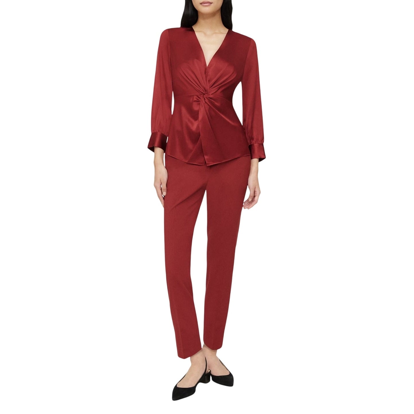 Theory Twist Blouse in Stretch Silk Satin Red Dahlia, Size 00