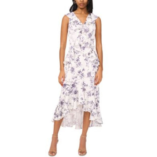 CeCe Women's Printed V-Neck Ruffle Dress in New Ivory Purple