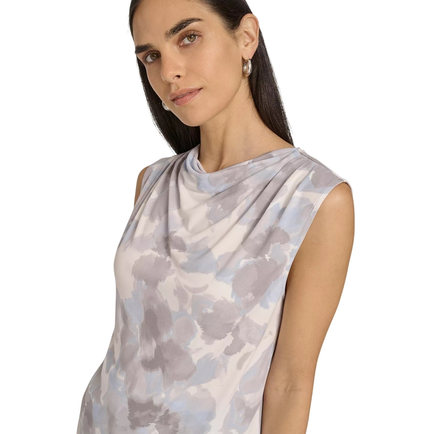Calvin Klein Women's Petite Draped-Neck Sleeveless Top in Gray Dye Print