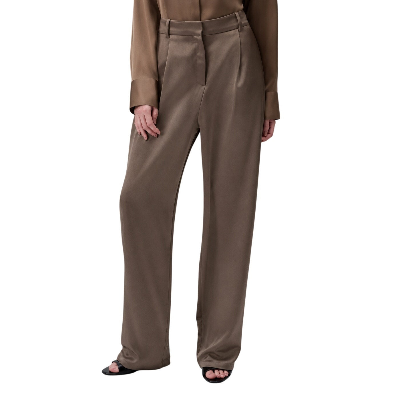 Calvin Klein Women's Satin High-Waist Wide-Leg Pants in Fossil Brown