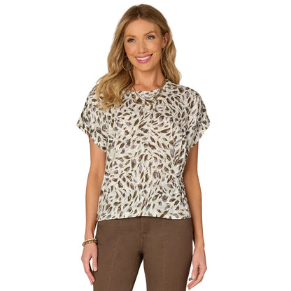 Democracy Petite Printed Side-Twist Short-Sleeve Top in Olive Multi