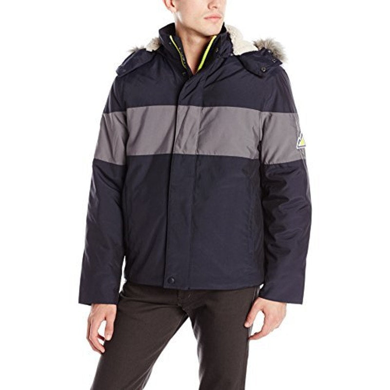 VRY WRM Men's Snokat Polar Oxford Color-Blocked Open Bottom Coat, Removable Hood