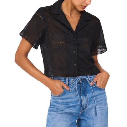 1.STATE Women's Sheer Eyelet Camp Shirt in Rich Black