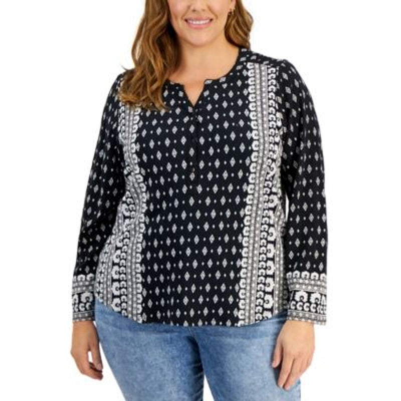 Style & Co. Plus Size Cotton Printed Split-Neck Top in Deep Black