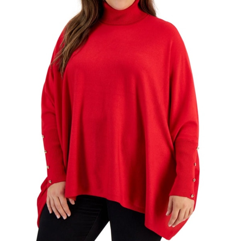 JM Collection Women's Solid-Color Poncho Turtleneck Sweater in Fire Red
