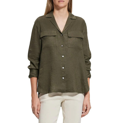 THEORY Notch Linen Shirt In Dark Olive Green