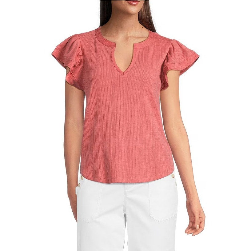 Democracy Ribbed Split V-Neck Cap Sleeve Shirttail Hem Top in Cashmere Rose