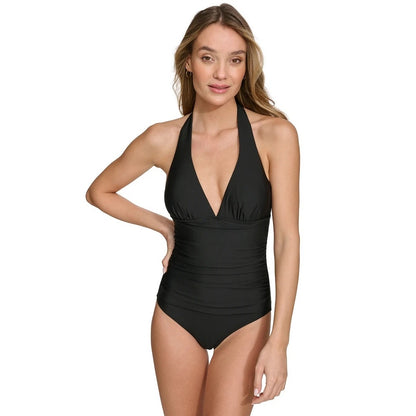 DKNY Women's Tie-Back Halter-Style One-Piece Swimsuit In Black