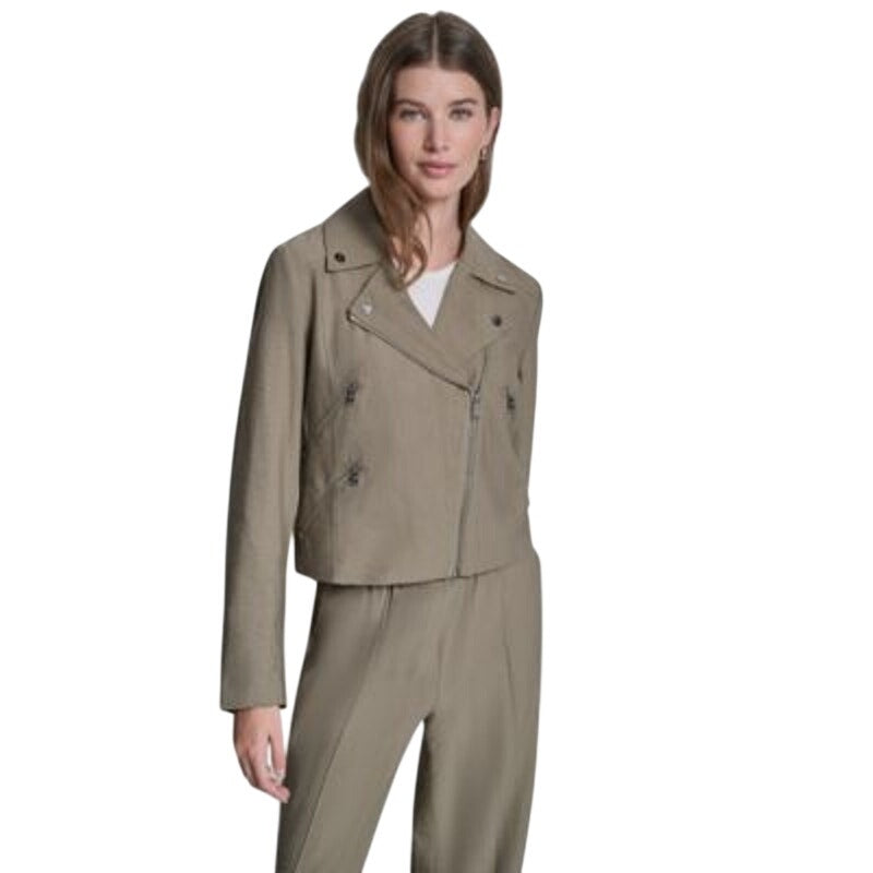 DKNY Women's Zipper Detailed Crinkle Jacket in Utility Green