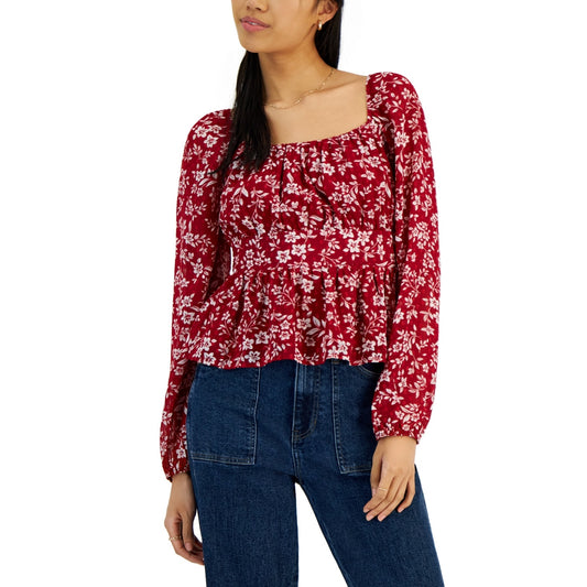 Planet Heart Juniors Floral Print Chiffon Rhubarb Red & White Top, Size Small