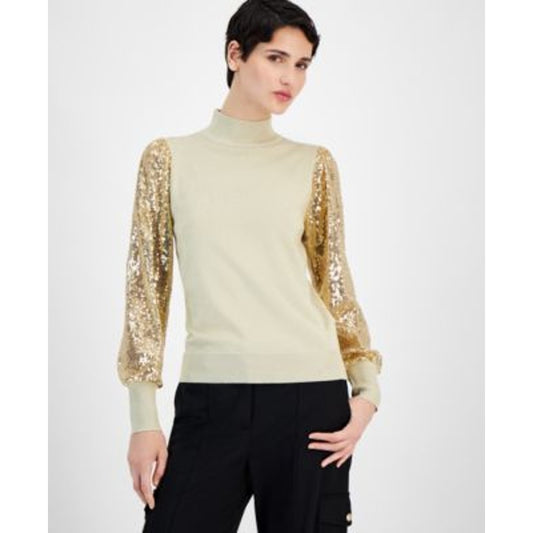 T Tahari Women's Mock-Neck Sheer Sequin Sleeve Sweater in Gold Lurex