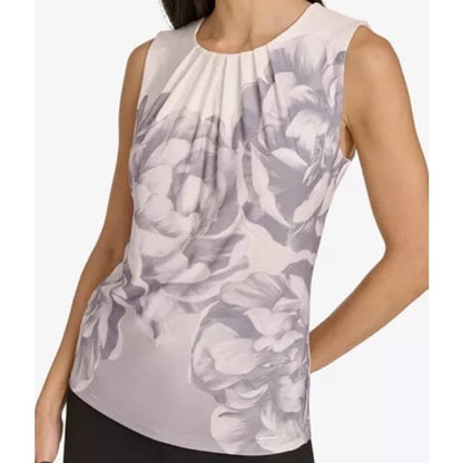 Calvin Klein Women's Petite Printed Pleated-Neck Sleeveless Top in Gray Multi