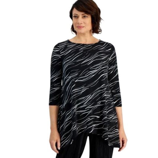 JM Collection Women's Petite Delicate Printed Swing Top in Deep Black