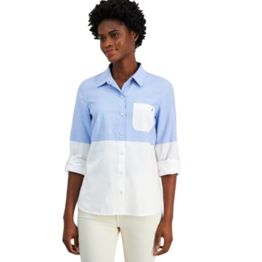 Nautica Jeans Women's Colorblocked Roll-Tab Sleeve Top in French Blue White
