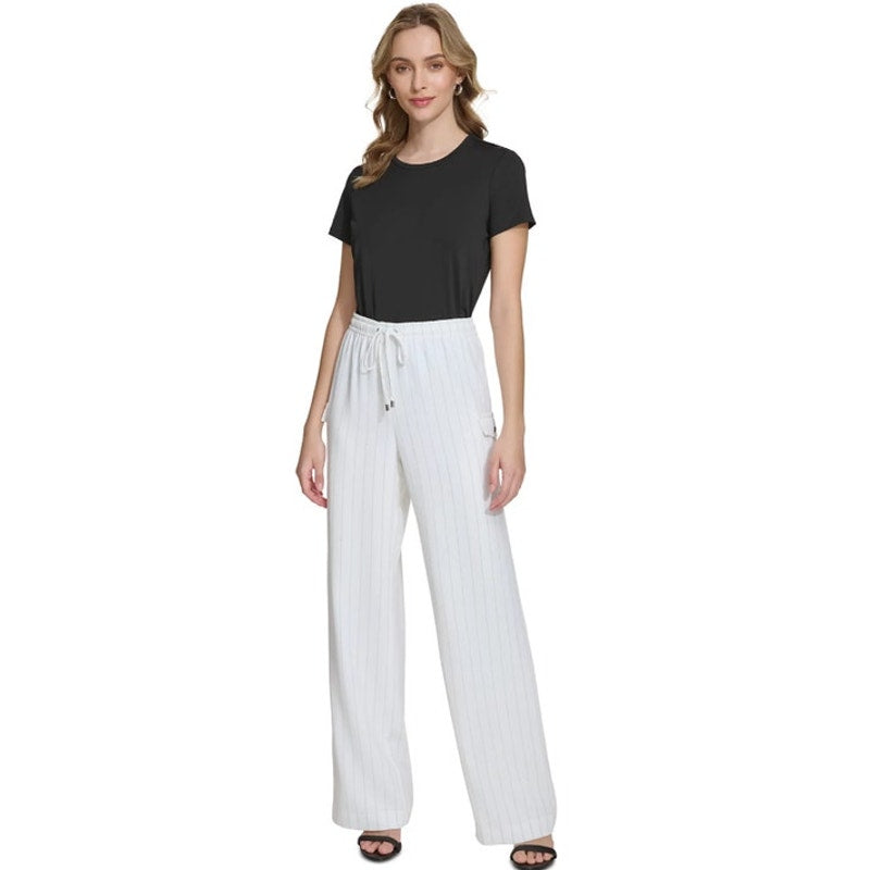 Calvin Klein Women's Drawstring Waist Pinstripe Pants in Ivory
