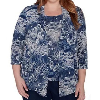 Alfred Dunner Women's Plus Size Classic Layered-Look Top in Denim Blue Print