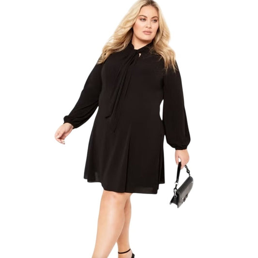 AVENUE Women's Plus Size "Nicole" Tie Neck Knee Dress in Black
