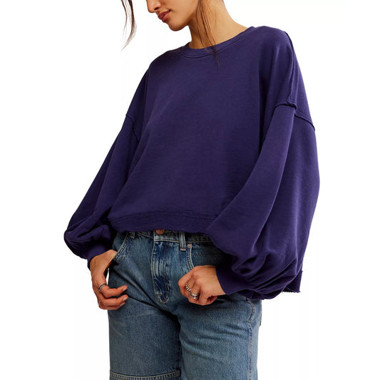 Free People Women's Trish Cotton Drop-Shoulder Sweatshirt in Navy