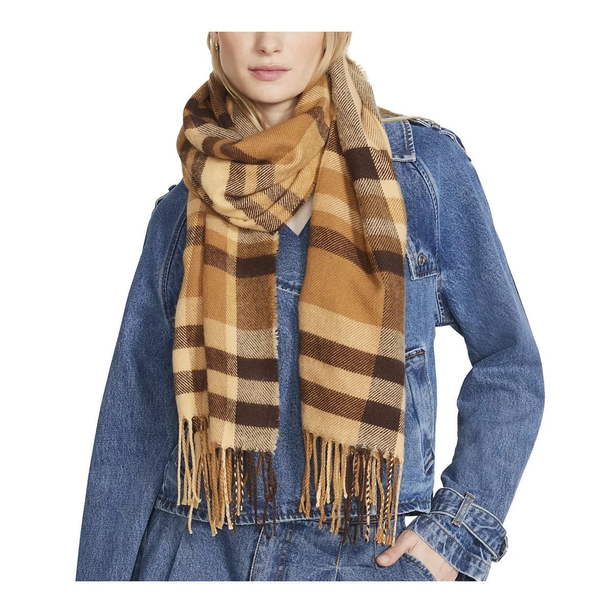 Steven Madden Women's Plaid Scarf in Tan Plaid w/ Fringe Edge