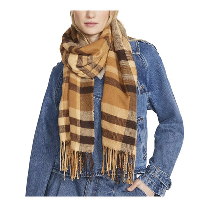 Steven Madden Women's Plaid Scarf in Tan Plaid w/ Fringe Edge