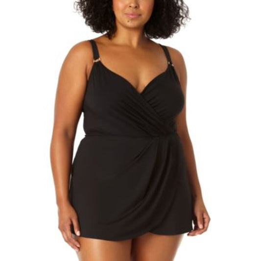 Anne Cole Women's Plus Size Adjustable Surplice One Piece Swimsuit in Black