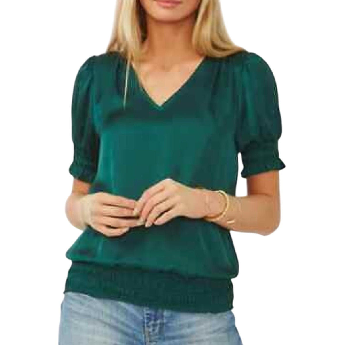 Vince Camuto Emerald Green Blouse w/ Elastic Sleeves & Hem, V-Neck, Size S, NWT