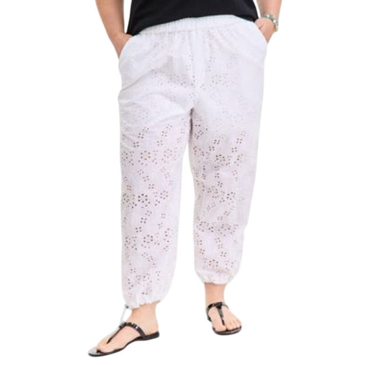 On 34th Trendy Plus Size Eyelet Jogger Pants in Bright White