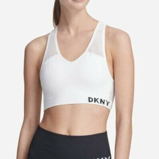 DKNY Sport White Mesh Racer Back Padded Sports Bra, Motor Sides