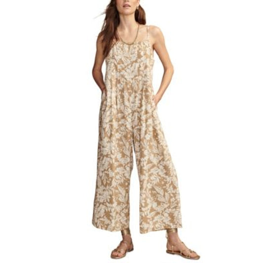 Lucky Brand Women's Pleated Sleeveless Jumpsuit in White & Tan Kelp Print