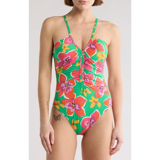 Sanctuary Women's Shirred Front One Piece Swimsuit in Pink & Green Floral