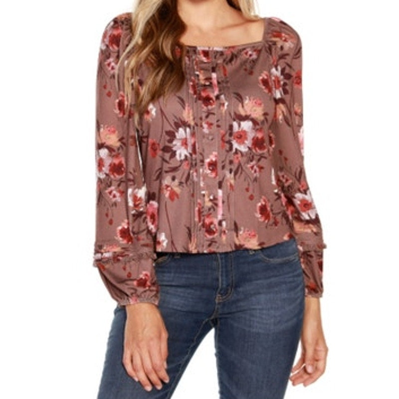Belldini Women's Floral Print Square-Neck Long-Sleeve Top in Mocha Combo