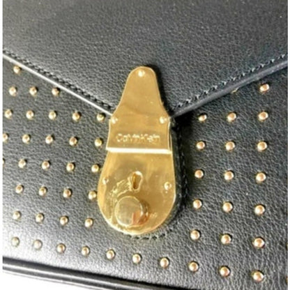 Calvin Klein Black Leather Crossbody Bag w/ Gold Stud & Lock Details