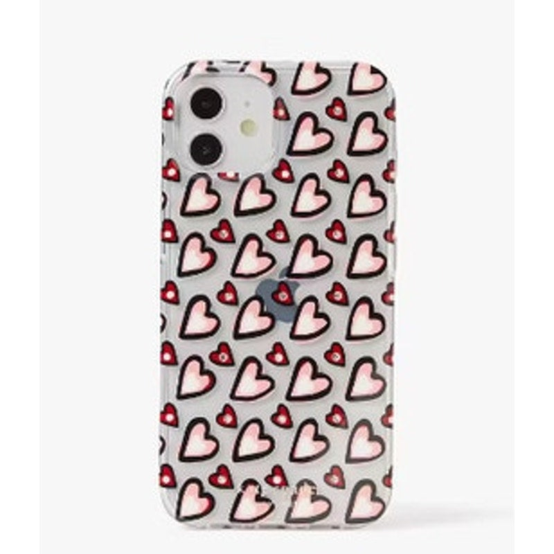 Kate Spade Clear Phone Case w/ Pink, Red, & Black Cartoon Heart Print, iPhone 14