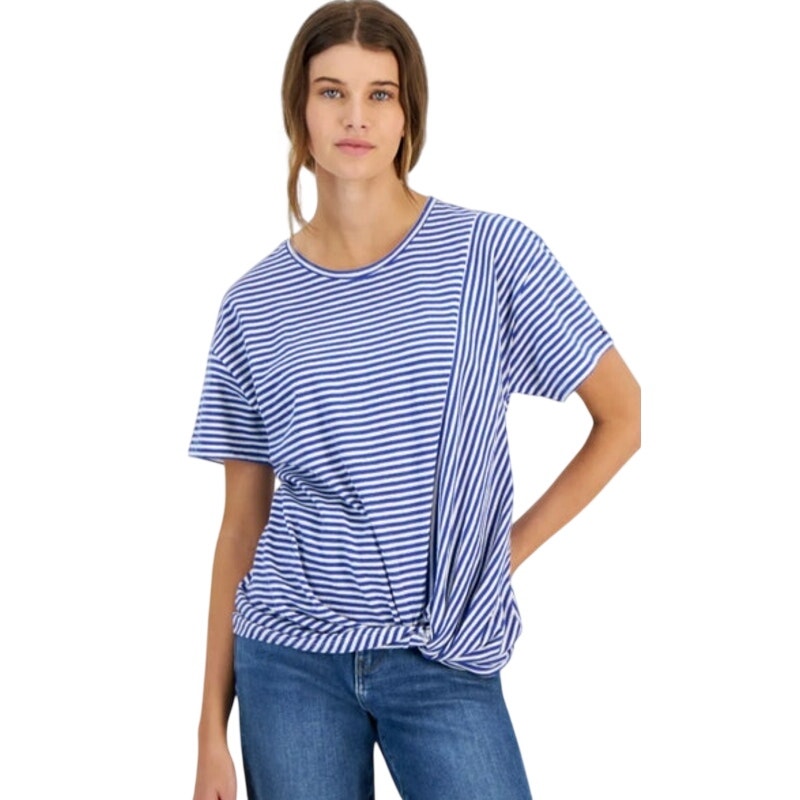 Tommy Hilfiger Women's Striped Twist Hem T-Shirt in Bright White & Blue Stripes