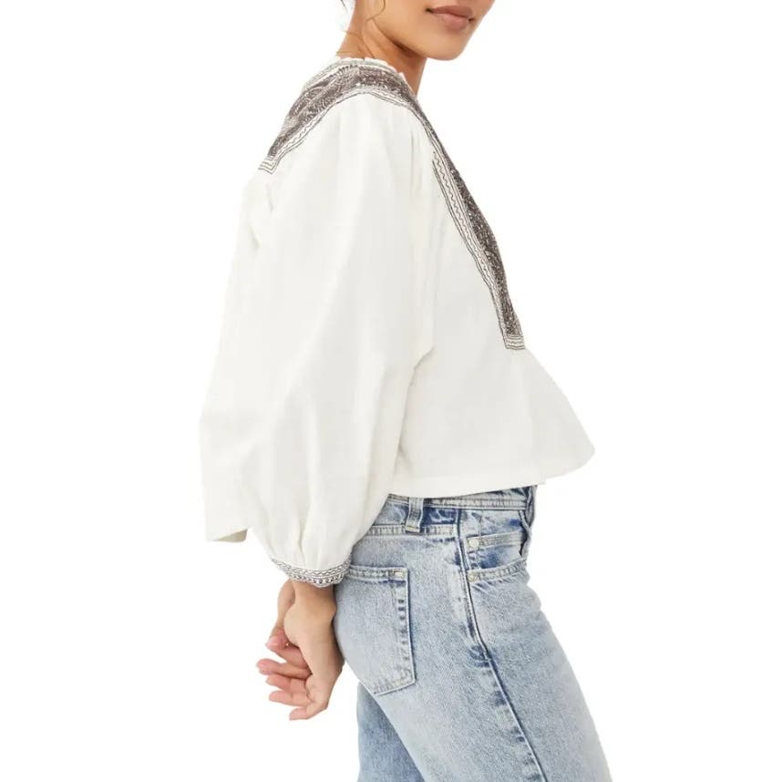 Free People Women's Iggie Embroidered Top, Ivory & Black