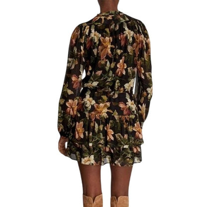 PAIGE Women's Elynne Pure Silk Tiered Mini Dress in Black Tan Floral Print