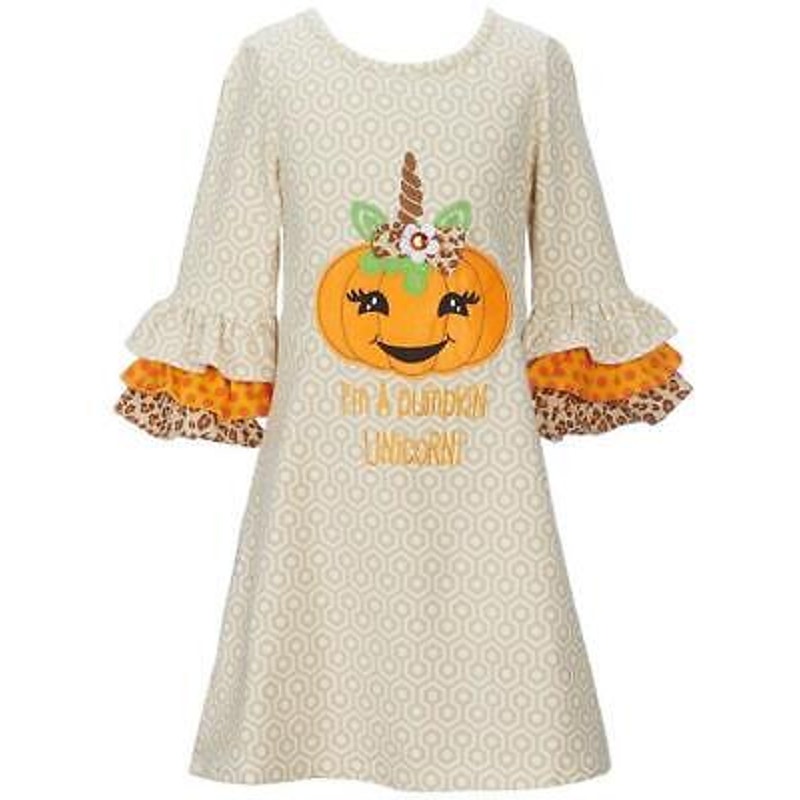 Rare Editions Girls Tan & Orange Pumpkin Unicorn Dress, Size 8