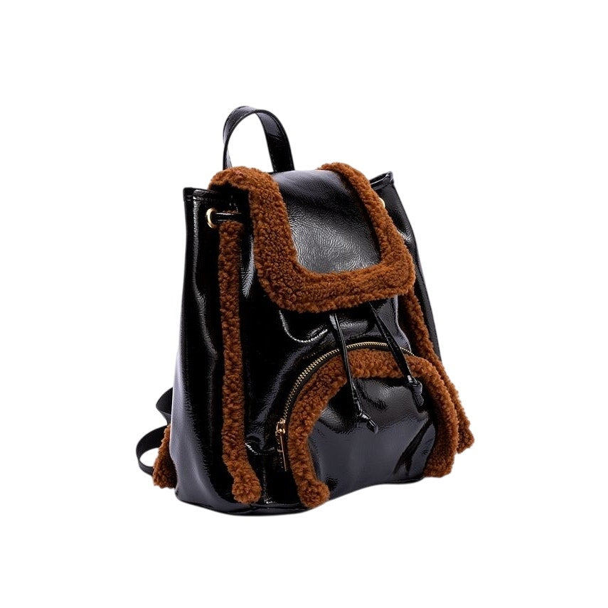 SKINNYDIP LONDON Women's Black & Brown "Scarlett" Small Fluff Trim Backpack
