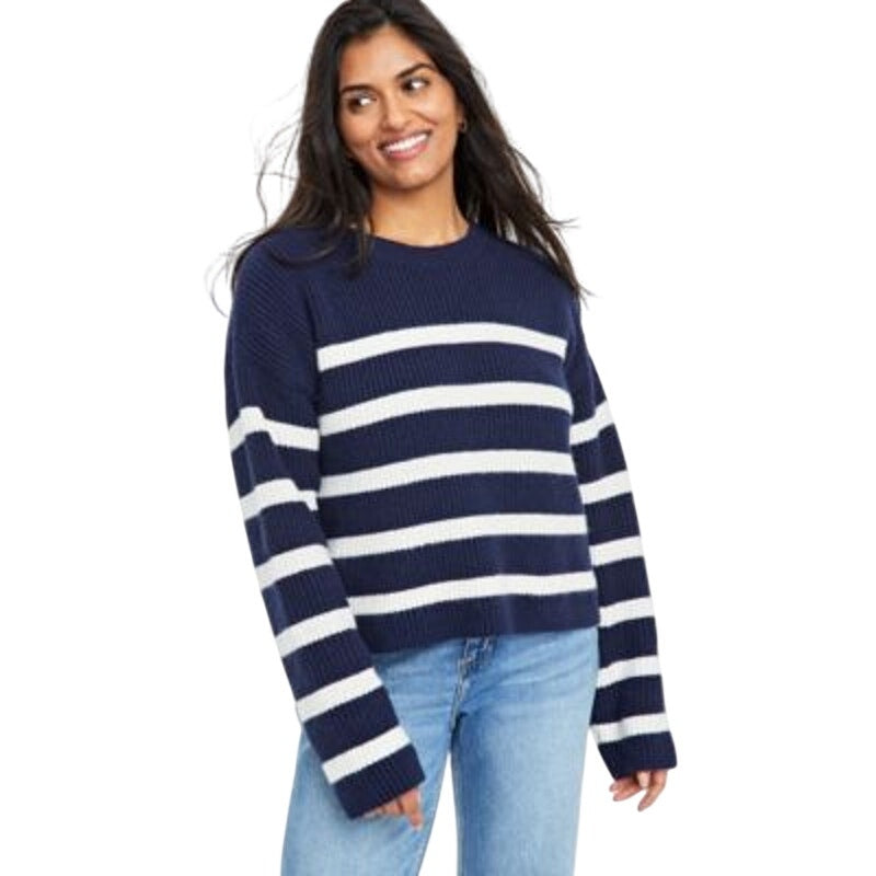 On 34th Women's Chunky-Knit Crewneck Sweater in Blue Combo Stripe