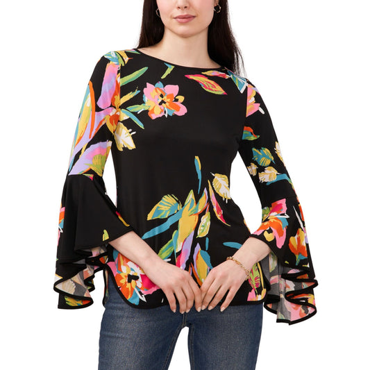Sam and Jess Peacock Bell-Sleeve Top in Black Bright Floral