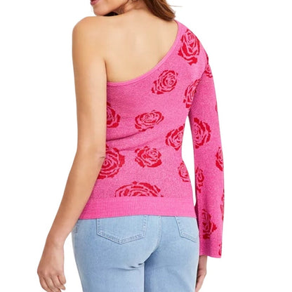 INC International Concepts Women's One-Shoulder Sweater in Pink Rose Jacquard