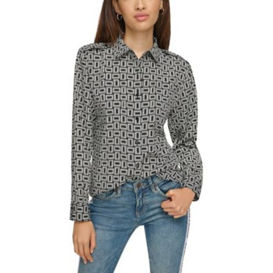 KARL LAGERFELD PARIS Women's Monogram Printed Utility Top in Black & Soft White