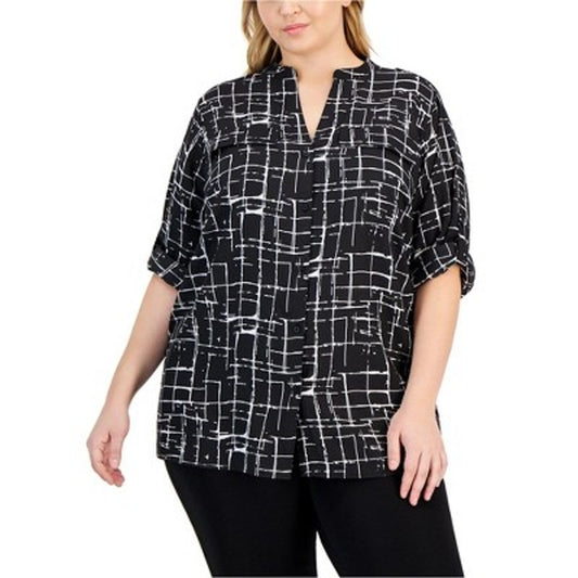 Calvin Klein Women's Modern Essentials Long Sleeve Button Up Top in Black White